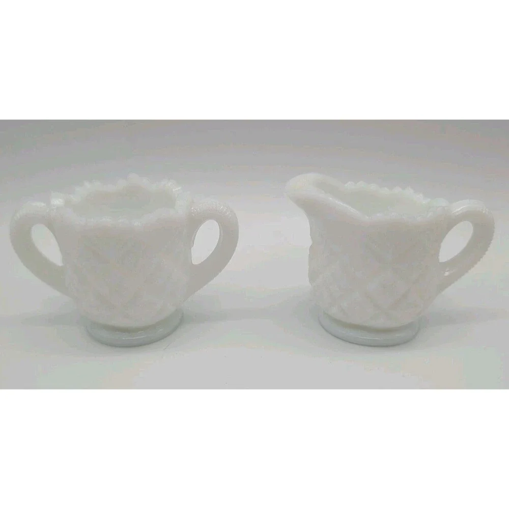 Vintage Miniature MILK GLASS Diamond Point Toy Sugar & Creamer Westmoreland